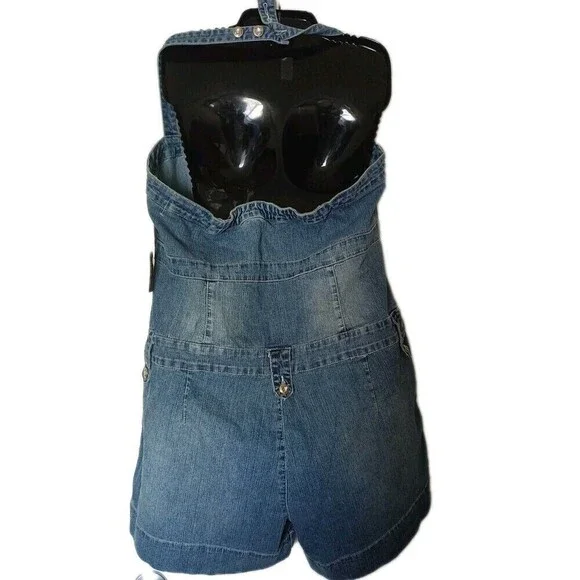 Americana Blues Denim Halter Overalls Shorts Size 20 Jean Romper Jumpsuit New - Picture 2 of 8